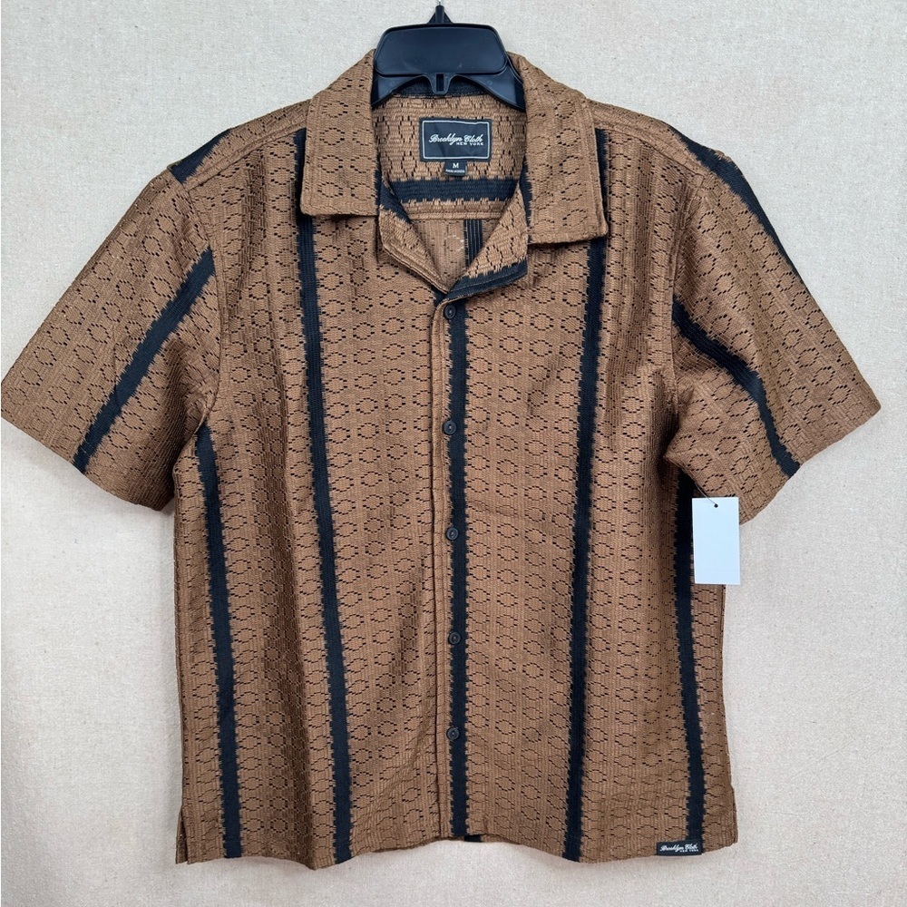 Brooklyn Cloth Men's Brown Striped Camp Collar Shirt Size M Button Up